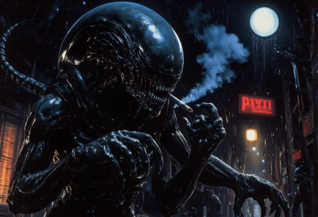 80s vintage pulp sci-fi magazine cover, of a xenomorph, smoking a cigarette, in a back alley, in behind a bar, rain is pouring,