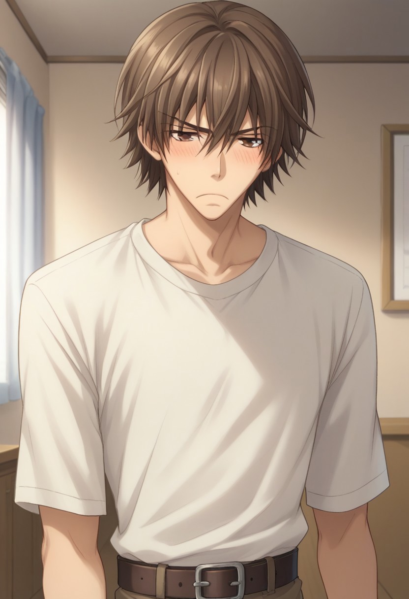 score_9, score_8_up, score_7_up, source_anime, highly detailed, 
hiroki, 1boy, male focus, solo, brown hair, blush, brown eyes, upper body, shirt,
white shirt, collarbone, indoors, closed mouth, hair between eyes, belt, pants, frown
indoor,