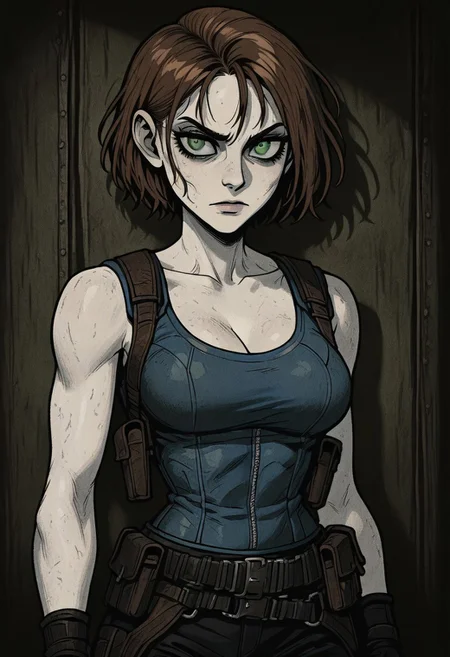 masterpiece, best quality, newest, absurdres, highres, HORCOMV1.0, H3LL15F0R3V3R,
1girl, jill valentine \(resident evil\), pale skin, brown hair, green eyes, short hair,