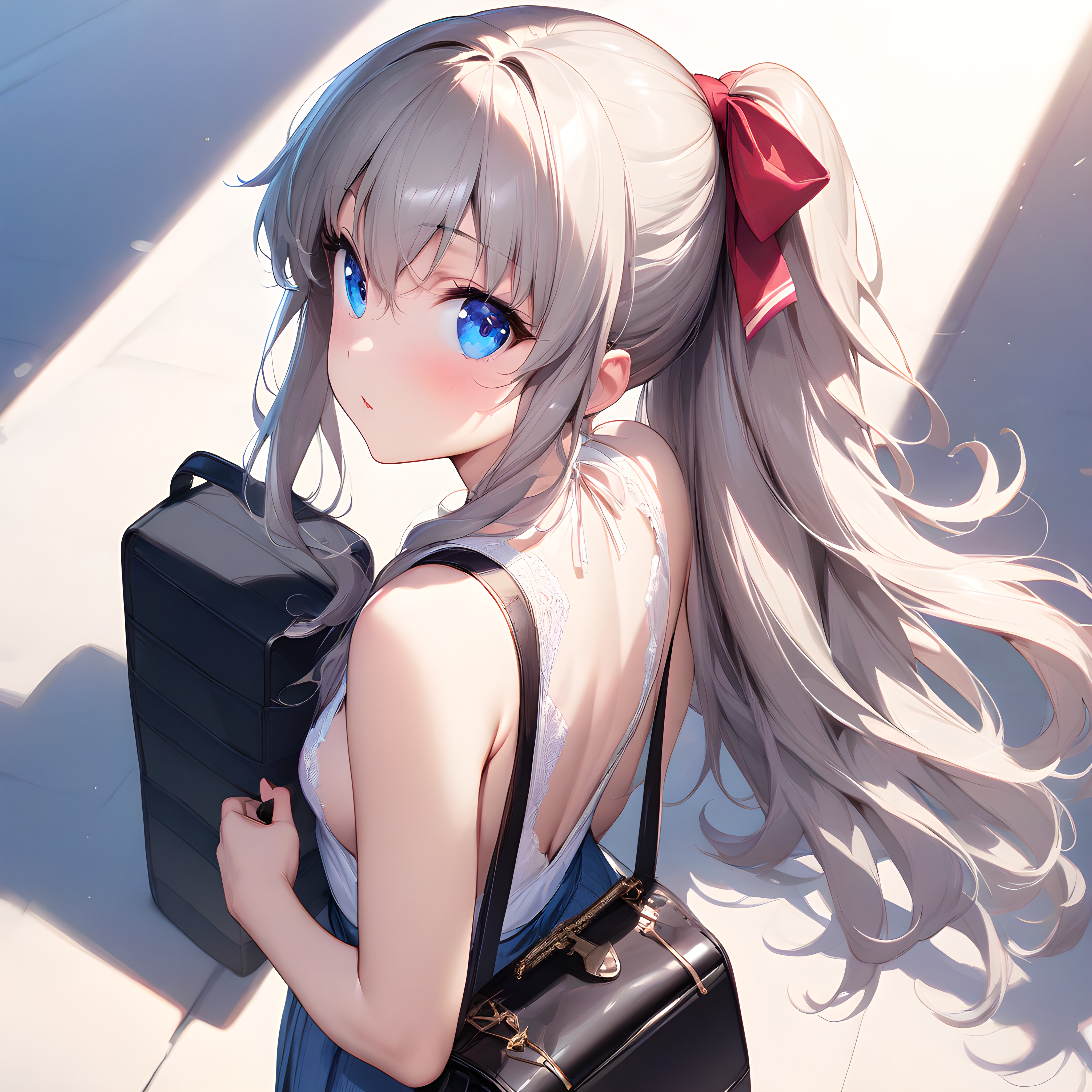 (masterpiece),(best quality),(ultra-detailed),(best illustration),(best shadow),(absurdres),(detailed background),(very aesthetic),nao_tomori, 1girl, solo, blue eyes, ponytail, bag, long hair, looking back, white background, ribbon, looking at viewer, simple background, hair ribbon, sleeveless, from behind, handbag <lora:XL-NaoTomori:1>