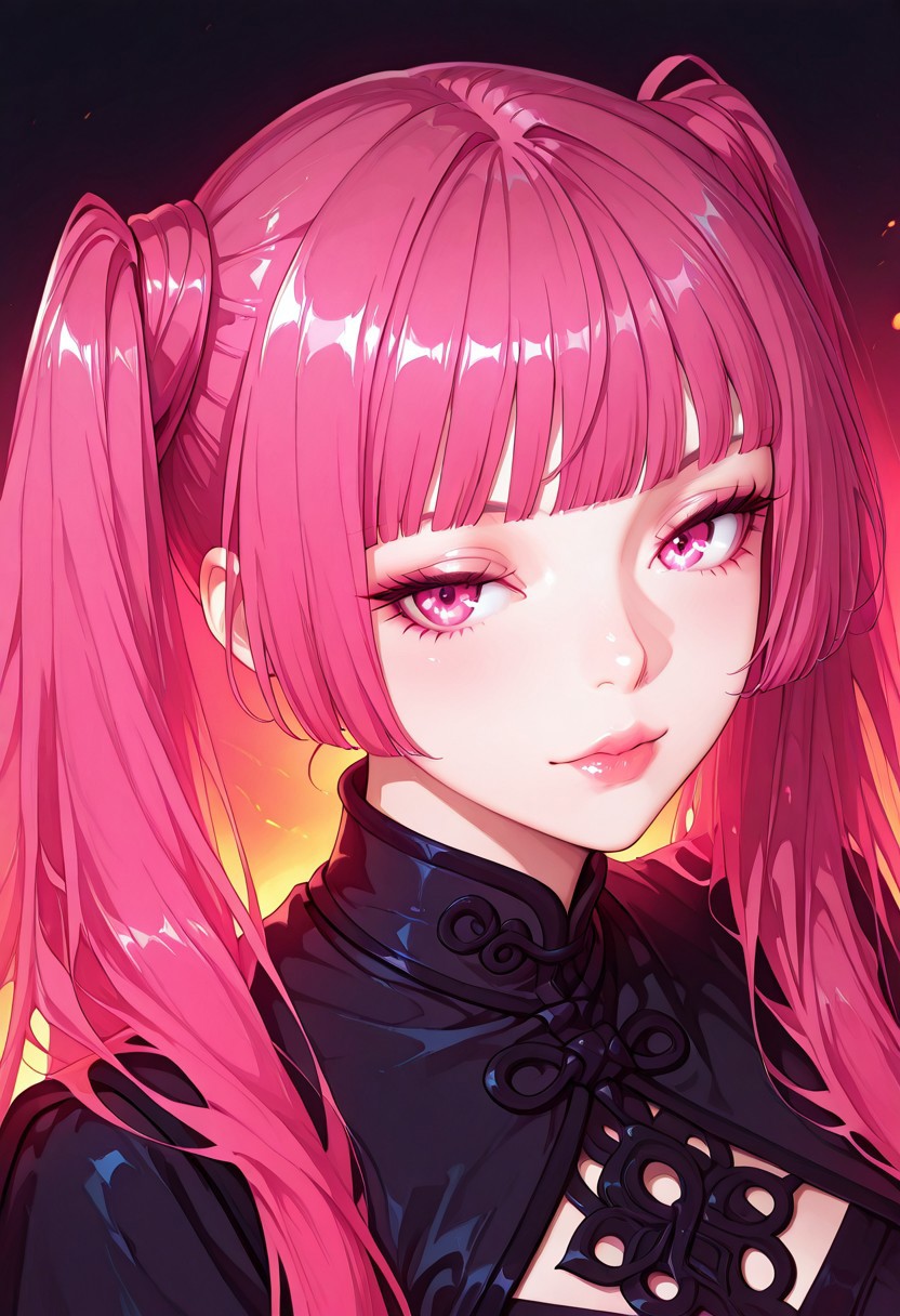 1girl, <lora:Nalan_Yanran:1>
1 girl, solo, pink hair, pink eyes, very long hair, twintails, bangs, blunt bangs, ponytail،
masterpiece, ultra-detailed, 8K, vivid colors, source_realistic:1.6, score_9_up, score_8_up:1.3, anime style, vibrant colors, high contrast, dynamic light, warm glow, sharp outlines, rich details, seductive atmosphere