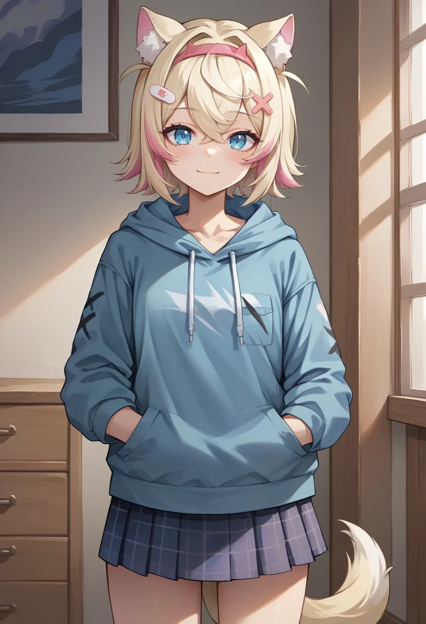 score_9, score_8_up, source_anime, 1girl, solo, MococoAbyssgard, short hair, streaked hair, hairband, hairclip, tail, indoors, plaid skirt, blue hoodie, smile, hands in pockets, <lora:ChamMococoAbyssgardPonyXL:0.8>