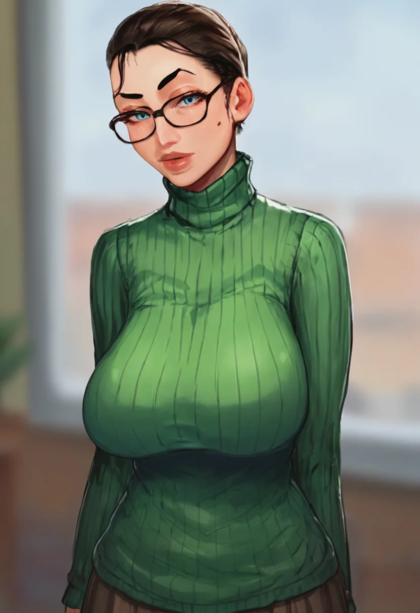 score_9, score_8_up, score_7_up, 1girl, sara_taffytales, large_breasts, portrait, solo, looking_at_viewer, open_eyes, Leaning on an invisible window, pov, (Emerald Sweater), wide_shot,rating_safe, <lora:pony\characters\sara_taffytales_pony:1.0>