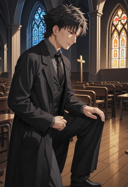 score_9,  score_7_up, BREAK, <lora:emiyakiritsuguv1:1>, standing, emiya kiritsugu, black hair, short hair, facial hair, stubble, long coat, black coat, grey shirt, collared shirt, waistcoat, black necktie, black eyes, indoors, church, on one knee, darkness, night, (cross:1.2), sunbeam, window, praying, head down, from side,