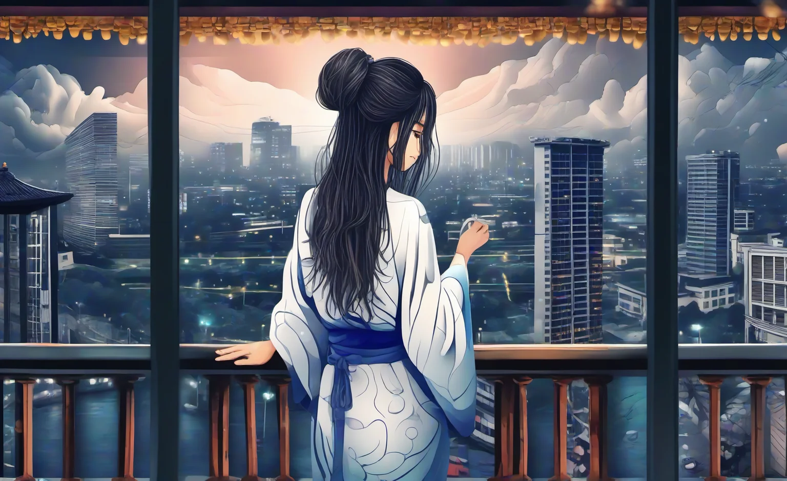 cinematic photograph, beautiful alluring, (young:1.2), Japanese woman dyeing her long hair, silk robe, bowl of dark blue dye, (wet hair with blue streaks:1.5), kawaii, demure, curious, ancient japan, sky, city, lights, night, building, tower, scenery, bridge, architecture, cityscape, skyline, outdoors, skyscraper, background, street, humans, river, cloud, painting, tree, spider web, long hair, no eyes, boat, glowing, city light, watercraft, blue theme, night sky,
A futuristic city at night. the city is made up of tall buildings with intricate architectural details and patterns. the buildings are lit up with blue lights, creating a magical and eerie atmosphere. in the center of the image, there is a large archway that leads to the entrance of the city. on either side of the archway, there are trees and shrubs, adding to the natural beauty of the scene. in front of the arch, there appears to be a bridge with multiple levels, spanning across a river or canal. the water below the bridge is calm and reflects the lights from the buildings. on the right side of this image, two people can be seen walking along the bridge, enjoying the view of the city below.
<lora:skyline-Pony:0.8>