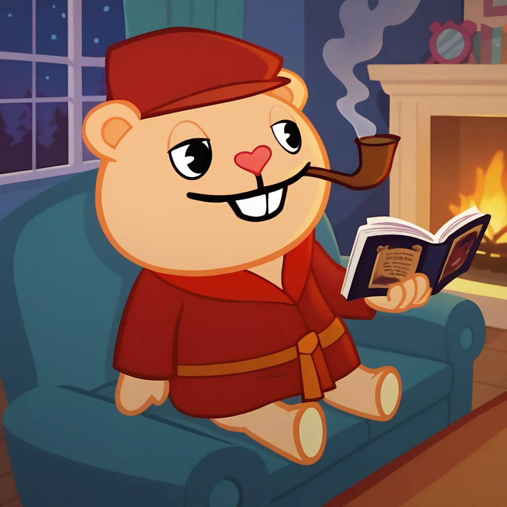 score_9, score_8_up, <lora:pop-v1-16:1> htfpop, bear, 1boy, solo, gnome, red hat, red bathrobe, sitting, reading book, fireplace, night, dark, smoking pipe, sofa,