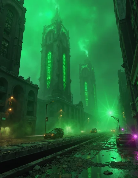zavy-psnglw, Wide-angle shot of an expansive futuristic cityscape, towering skyscrapers with surfaces emitting a pulsing poisonous green glow, dimly lit streets with abandoned vehicles and shattered glass, cyberpunk aesthetic with high contrast and dramatic shadows, neon greens and deep blacks with hints of eerie violet.