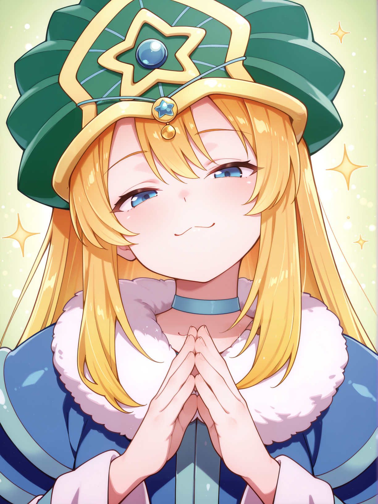official alternate costume,doriado,1girl,solo,blue choker,upper body,looking at viewer,sparkle,closed mouth,green background,green wizard hat,blue rope,fur trim,smug,:3,head tilt,clasped hands pose,
masterpiece,best quality,amazing quality,very aesthetic,absurdres,newest,<lora:Doriado 4 in 1 illusXL v1.1:0.7>,