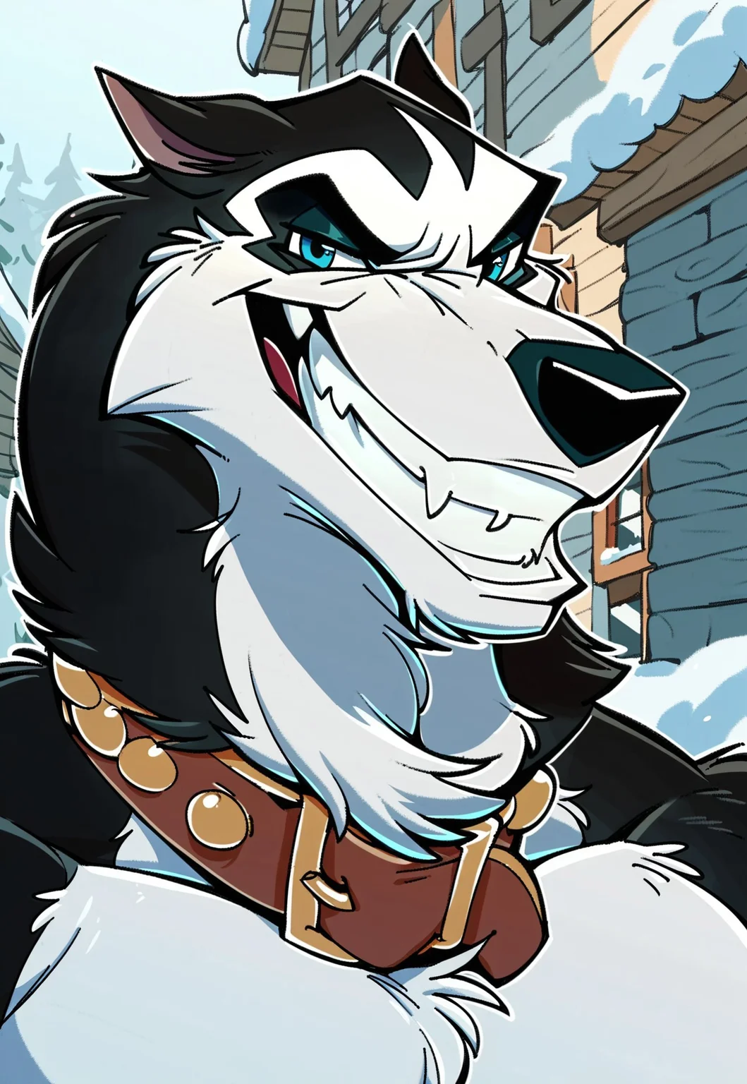 score_9, score_8_up, score_7_up, score_6_up, score_5_up, score_4_up, source_furry, hi res, snowy village, snow, blurry background, solo, close up, (Steele), Alaskan Malamute, Collar, Blue Eyes, looking at viewer, grin, anthro, male, muscular, beefy, barazoku