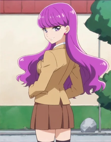 score_9, score_8_up, score_7_up, anime screencap, solo,1girl, kotozumeyukari, earrings, school uniform, jewelry, smile, bow, kneehighs, looking at viewer, purple bow, jacket,purple bowtie,brown skirt, long sleeves, blazer, cowboy shot,medium breasts,from behind,ass,<lora:kotozumeyukari:0.8>