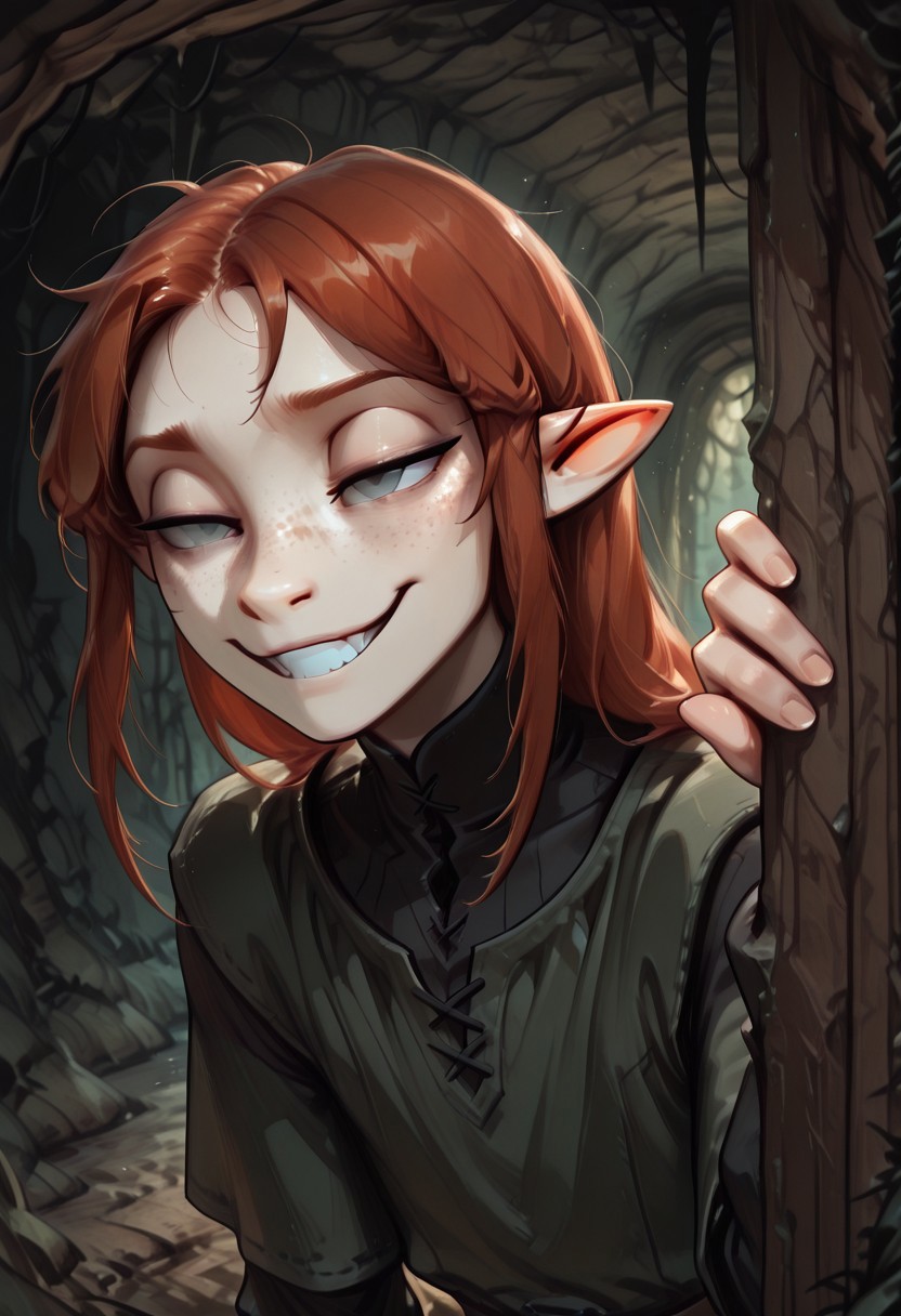 1person, (solo), Lapanya, Malgha, freckles, pointy ears, Long-sleeve black shirt, green tunic,
Peeking around corner, peeking out of cavern, sly expression, narrowed eyes, grinning,
Close up,
Underground, organic cavern,
Masterpiece, high quality, highly detailed, 