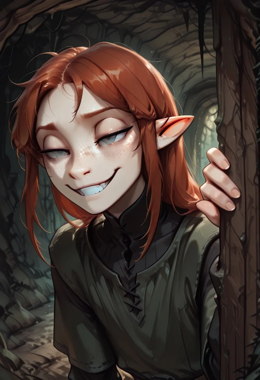 1person, (solo), Lapanya, Malgha, freckles, pointy ears, Long-sleeve black shirt, green tunic,
Peeking around corner, peeking out of cavern, sly expression, narrowed eyes, grinning,
Close up,
Underground, organic cavern,
Masterpiece, high quality, highly detailed,