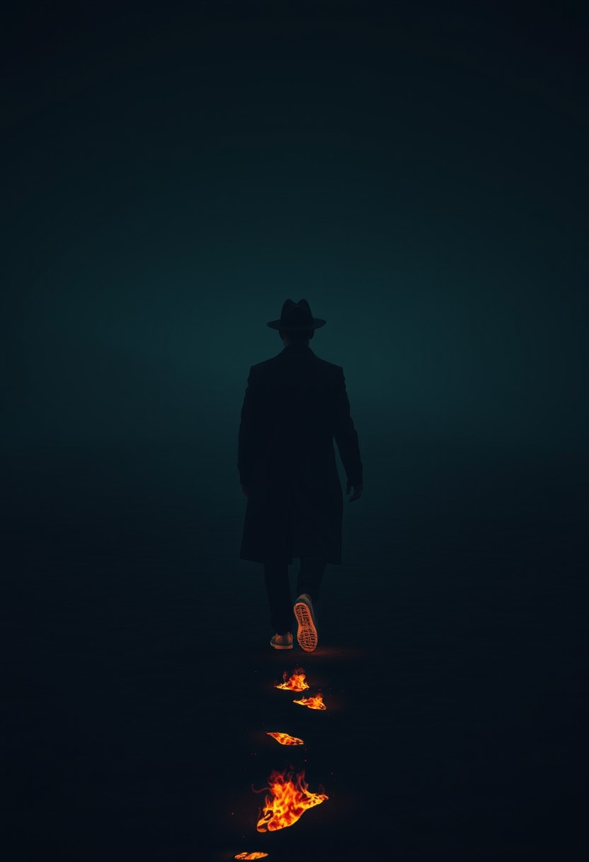 Dark grim dimly lit horror themed image of an endless featureless landscape without light of any kind. A man walks away, each footstep leaving a fiery footprint as if his feet are burning the ground. He wears a long black trench coat and a fedora.