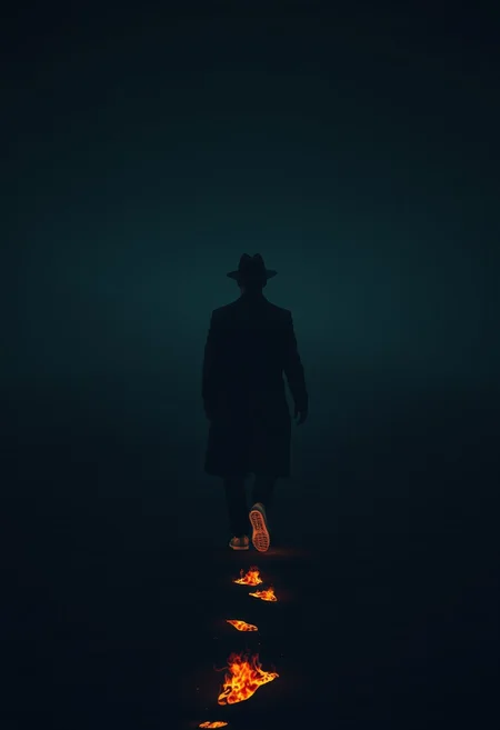 Dark grim dimly lit horror themed image of an endless featureless landscape without light of any kind. A man walks away, each footstep leaving a fiery footprint as if his feet are burning the ground. He wears a long black trench coat and a fedora.