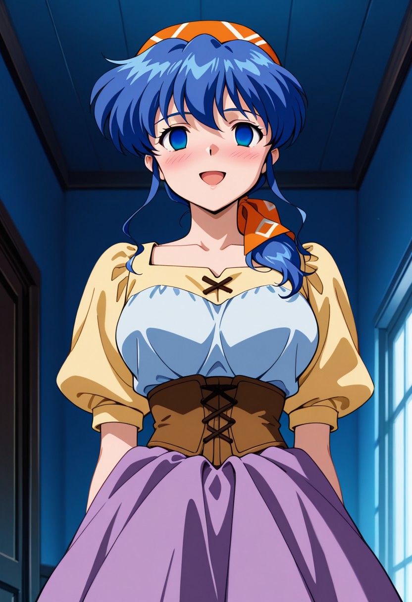 score_9, score_8_up, score_7_up, ASCII score_9, source_anime, 8K,best quality, hyper detailed,masterpiece, UHD,illustration,1990s (style), luna noa, 1girl, solo, blue eyes, blue hair, bandana, empty eyes, breasts, mind control, open mouth, corset, blush, smile, large breasts, dress