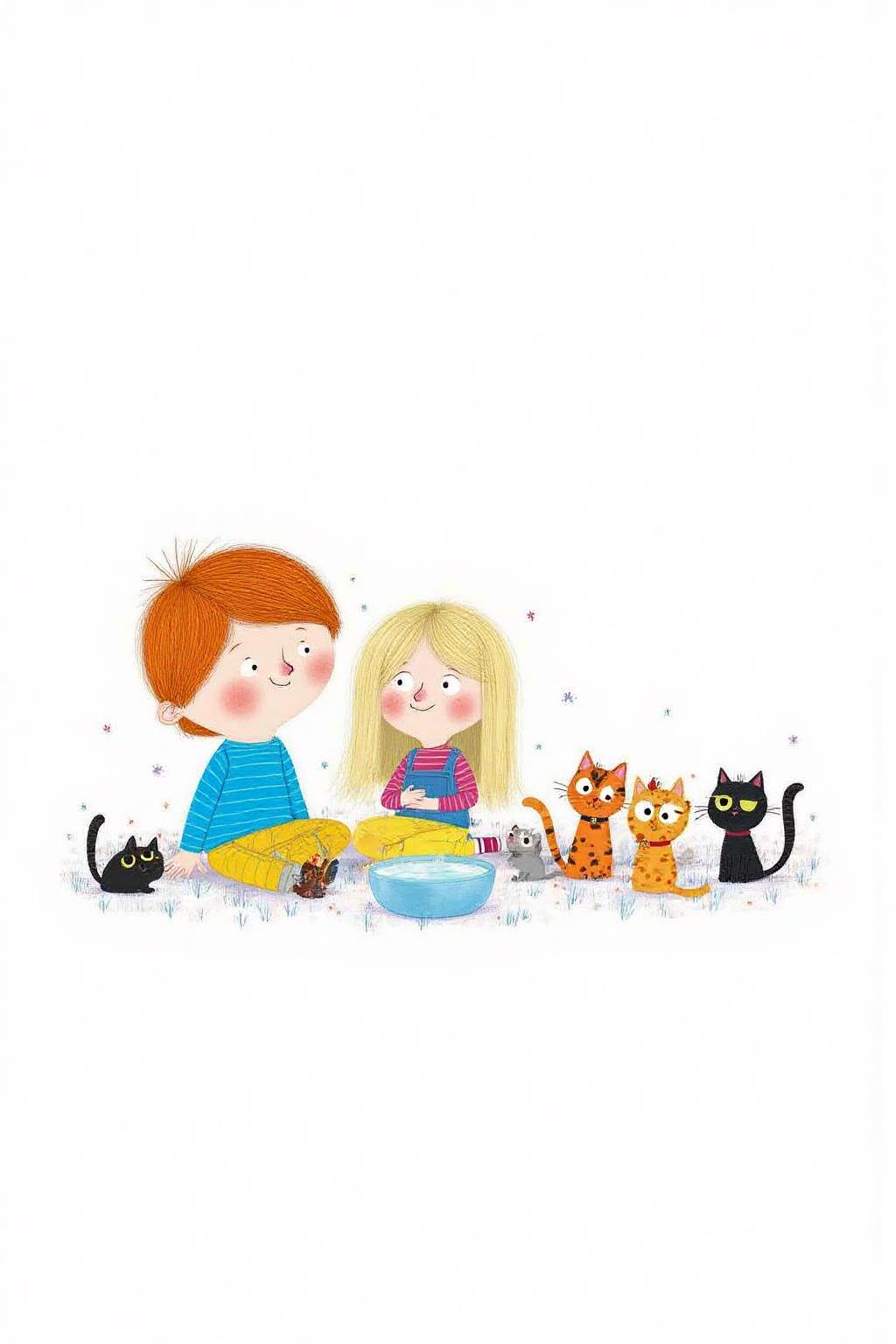 illustration qub1. A boy and a girl, sitting together with three cats. On the left is a boy has spiky orange hair. In the center is a blonde girl with long hair and wearing yellow pants. There is a bowl of water in front of the cats.  <lora:macha1_cap_d6a3e12:1.0><lora:827735267323673329:0>