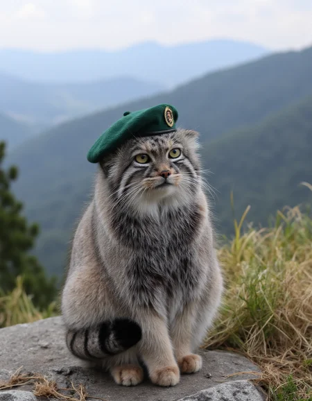 a pallas cat sitting on a mountainous hill, wearing a dark green beret with an insignia on it<lora:Outfit_morse-ModernBritRMCUniform-FLUX:0.8> <lora:Animal_soph-PallasCat-FLUX:1>