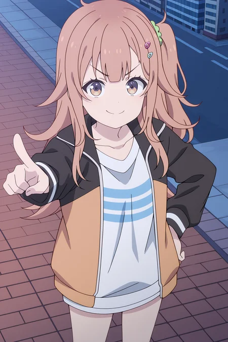 volumetric lighting, official style, amazing quality, ultra detailed, highres, detailed background, anime screenshot, anime screencap, anime coloring, masterpiece, detailed face,1girl <lora:Shinon_Ogawa__-20:0.9> Shinon Ogawa, Shinon Ogawa(Outfit 1), solo, hair ornament, hairclip, smile, black and yellow jacket, long hair, one side up, white shirt with three blue stripes, orange hair, v-shaped eyebrows, scrunchie, purple and orange eyes, looking at viewer, open jacket, hand on hips, outdoor, city, from above, pointing at viewer