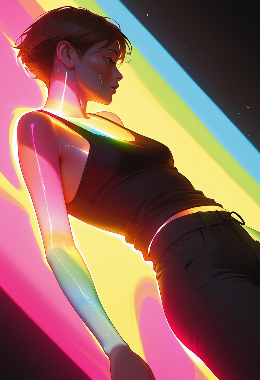 L1GHTM4K3R, SOLO, SHORT HAIR, 1GIRL, LYING, TANK TOP, ON BACK, PANTS, FROM SIDE, BROWN HAIR, RAINBOW LIGHT, prismatic light effects on her skin,  <lora:LightMaker:1>
