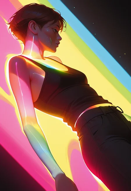 L1GHTM4K3R, SOLO, SHORT HAIR, 1GIRL, LYING, TANK TOP, ON BACK, PANTS, FROM SIDE, BROWN HAIR, RAINBOW LIGHT, prismatic light effects on her skin, <lora:LightMaker:1>