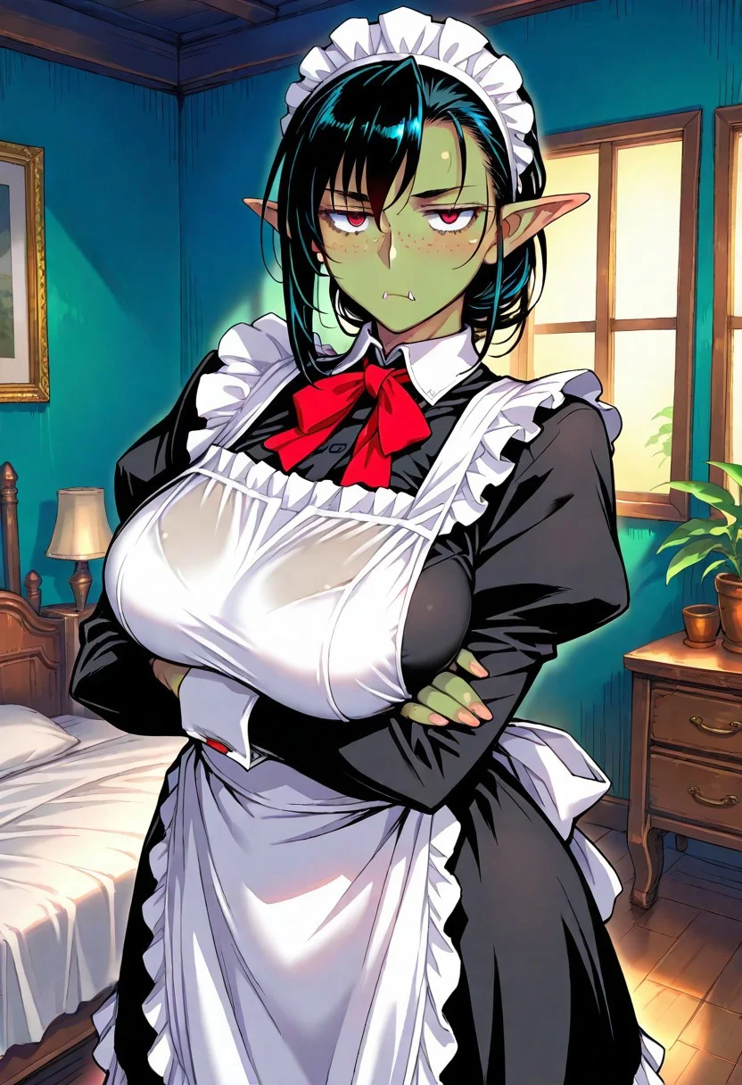 absurdres, best quality, high detail, solo,
1girl, toned, female orc, green skin, colored skin, tusks, red eyes, black hair, large breasts, freckles, pointy ears, jitome, looking at viewer, 
maid, frilled dress, maid apron, juliet sleeves, skindentation, unamused, (crossed arms:0.8), 
bedroom, (tsuda nanafushi:0.6), (miura kentarou:0.8),