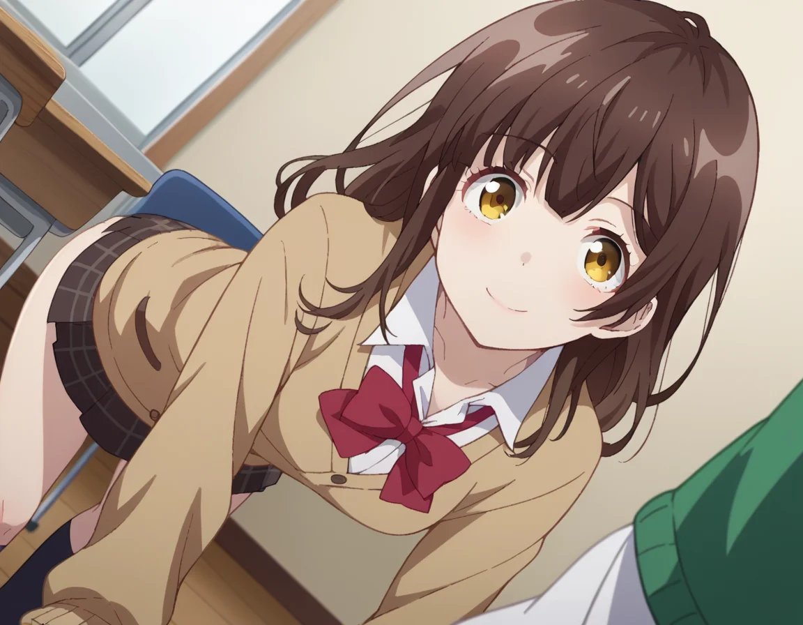 score_9, score_8_up, score_7_up, source_anime,
sayuogiwara, <lora:sayu-ogiwara-s1-ponyxl-lora-nochekaiser:1>,
sayu ogiwara, long hair, bangs, brown hair, yellow eyes,
skirt, shirt, long sleeves, bow, school uniform, white shirt, pleated skirt, socks, collared shirt, bowtie, red bow, sweater, plaid, plaid skirt, cardigan, black socks, red bowtie,
indoors, classroom, smile, bent over,
looking at viewer, dutch angle,