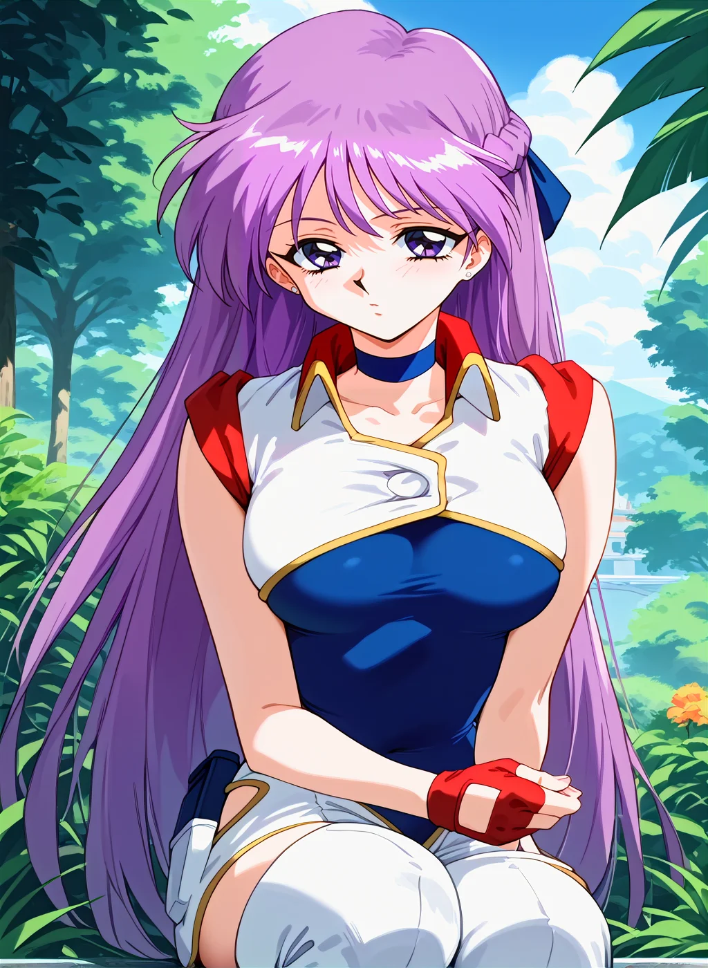 score_9,score_8_up,score_7_up,source_anime,anime,nsfw,rating_explicit,uncensored,High quality,Ultra detailed,best quality,insanely detailed,beautiful,masterpiece,prefect lighting BREAK
<lora:dpf_yuri_V1:1>,(dpf_yuri, very long hair, purple hair, purple eyes, medium breasts, military uniform, thigh boots, choker, earrings, braid, ribbon, strapless leotard,blue strapless leotard,fingerless gloves,french braid,jewelry,sleeveless,white thigh boots,single glove,stud earrings,retro style,1990s (style)),1girl,solo,outdoors,looking_at_viewer,close-up,face_focus,
