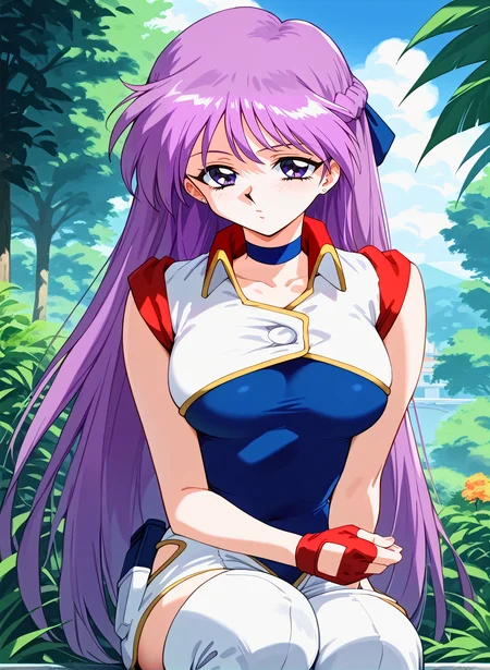 score_9,score_8_up,score_7_up,source_anime,anime,nsfw,rating_explicit,uncensored,High quality,Ultra detailed,best quality,insanely detailed,beautiful,masterpiece,prefect lighting BREAK
<lora:dpf_yuri_V1:1>,(dpf_yuri, very long hair, purple hair, purple eyes, medium breasts, military uniform, thigh boots, choker, earrings, braid, ribbon, strapless leotard,blue strapless leotard,fingerless gloves,french braid,jewelry,sleeveless,white thigh boots,single glove,stud earrings,retro style,1990s (style)),1girl,solo,outdoors,looking_at_viewer,close-up,face_focus,