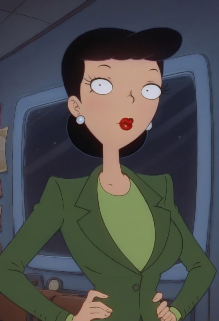 ((room background)),score_9, score_8_up, score_7_up,score_6_up, 
1girl, solo, Hillary_HA, light skin, black eyes, black hair, short voluminous hair, red lips, round white earrings, dark green blazer with shoulder pads, dark green pencil skirt, light green shirt underneath, white heels, tall, perfect eyes, looking at the viewer, perfect eyes, standing, big breasts (front pose, bust shot) five fingers, perfect hands, (hand on hips)
