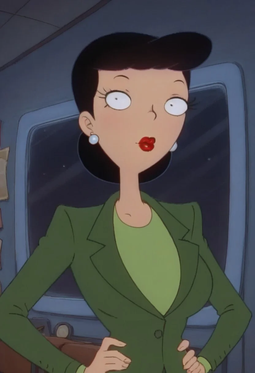 ((room background)),score_9, score_8_up, score_7_up,score_6_up,
1girl, solo, Hillary_HA, light skin, black eyes, black hair, short voluminous hair, red lips, round white earrings, dark green blazer with shoulder pads, dark green pencil skirt, light green shirt underneath, white heels, tall, perfect eyes, looking at the viewer, perfect eyes, standing, big breasts (front pose, bust shot) five fingers, perfect hands, (hand on hips)