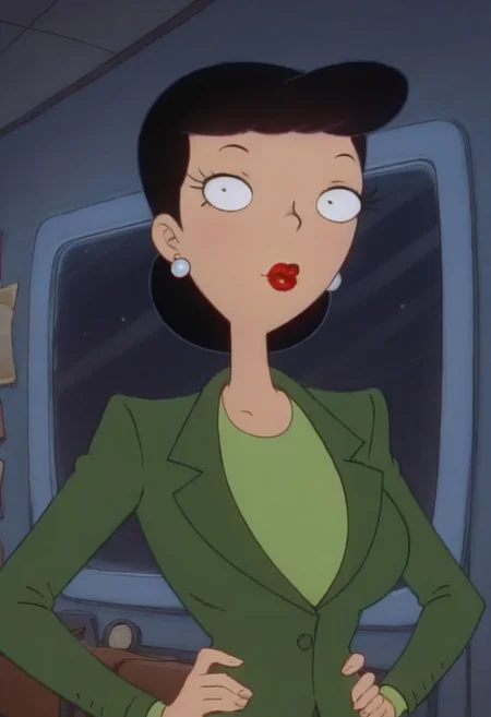 ((room background)),score_9, score_8_up, score_7_up,score_6_up,
1girl, solo, Hillary_HA, light skin, black eyes, black hair, short voluminous hair, red lips, round white earrings, dark green blazer with shoulder pads, dark green pencil skirt, light green shirt underneath, white heels, tall, perfect eyes, looking at the viewer, perfect eyes, standing, big breasts (front pose, bust shot) five fingers, perfect hands, (hand on hips)