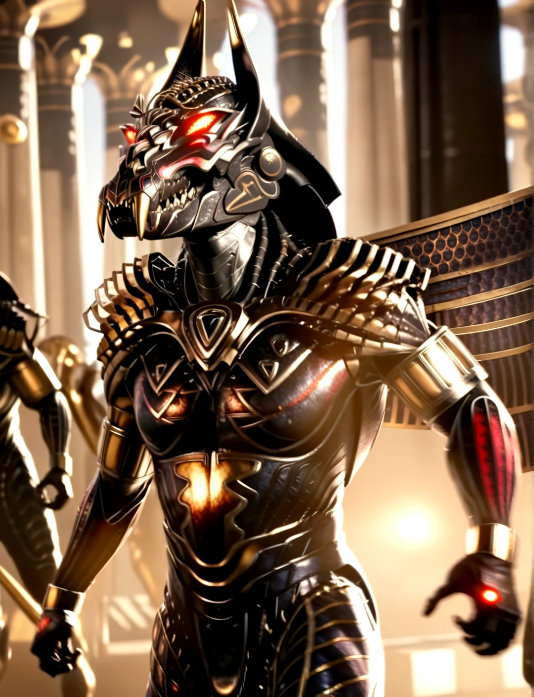 score_9, score_8_up, score_7_up,
<lora:Set_(Gods_of_Egypt)_(SDXL)_(AD):1> Set, Gods of Egypt, muscular, robot, mecha, sleek metal body, glowing red eyes, enhanced body, 
8K, In'ei, perfect depth of field, chiaroscuro, volumetric lighting, clear_eyes, crisp details, cinematic lighting, cinematic masterpiece, 
dynamic action pose, detailed background, photographic realism, masterclass 8K Uneal 5 CGI render, evil, villain, fight, damaged temple, golden light, perfect proportions, perfect hands, 
BREAK zPDXL,