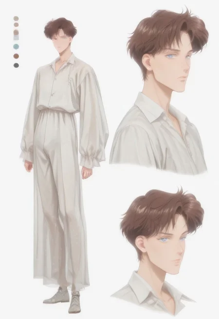highres, hi res, best quality, masterpiece, intricate details, 4k, absurdes, anime style, detailed features, semi-realistic, painted style, detailed style, (((1boy))), ((solo)), [[mamoru_chiba]], (handsome anime guy), (beautiful face), [Crystal Movies Style], (alone), ikemenboys, CharacterDesignIllustrious, reference sheet, simple white background, (color guide:1.2), (multiple views), (full body), dynamic pose, well-defined features, Realistic facial features, [sharply defined jawline], 1nverness_c0at, dress shirt, [loose-fitting clothing], [[overdressed]], [clean-cut], [[fashionable]], detailed eyes, big anime eyes, (beautiful light blue eyes), piercing blue eyes, [glistening eyes], perfect eyes, beautiful light blue eyes, blue eyes, glitter eyes, sparkling eyes, (high-placed eyes), [pointy chin], angular features, (sharp chin and jawline), sharp features, realistic features, defined features, bangs, detailed hair, short hair, (dark brown hair), (darker hair color), streak of grey hair, attractive features, [masculine], [weak], [frail], (high and narrow features), narrow shoulders, [stubble], [pointy nose], attractive, long features, [natural eyeliner], [popular guy], (oval face), long face, detailed inner cheeks, sunken cheeks, strong cheekbones, [frail guy], dreamy, (handsome), [skinny], lanky, thin, small mouth, thin lips, (handsome ikemen), Caucasian, white, pinkish-pale skin, gaunt appearance, perfect face, [pretty boy], (handsome face), (gorgeous face), [[manly face]]