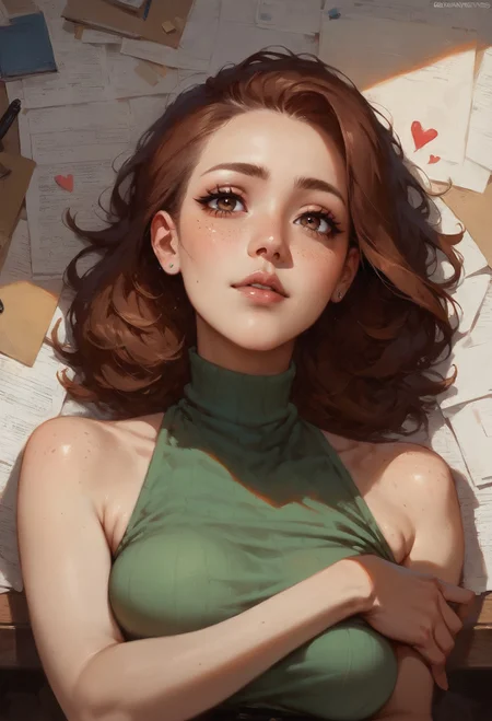 score_9, score_8_up, score_7_up,  1girl, solo, expressive, hearts, dynamic, brown hair, brown eyes, pale skin girl, pale skin, freckles, green turtleneck, cozy, blush, in_office, looking_longingly, seductive, sexy_woman, cuddling giant dick  <lora:sdxl/pony_twilight_style:0.8> <lora:sdxl/Expressive_H-000001:0.8>