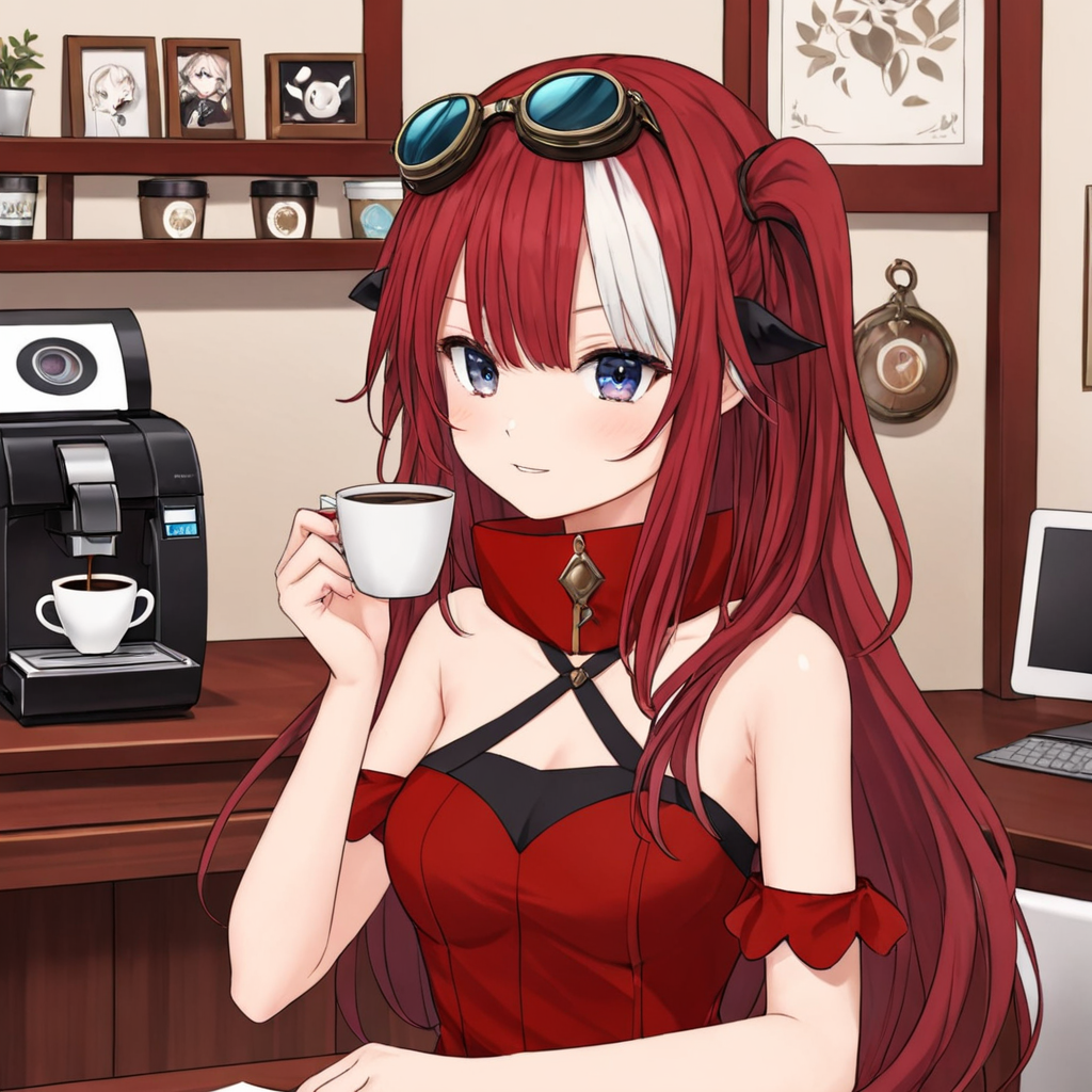 saya, red crimson hair, small breasts, white bangs, dragon girl, goggles, bare shoulders, gradient eyes, virtual youtuber, anime drawing, solo, 
cup of coffee, formal attire, indoors, printer, 
<lora:SAYA-XL-t1-000004:0.6>