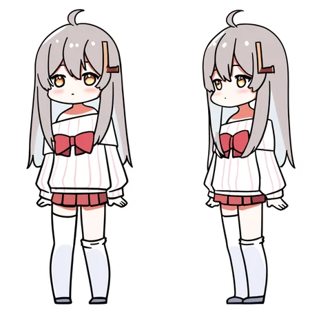 score_9, score_8_up, score_7_up, BREAK, BREAK source_anime,
vpet, 1girl, (solo), grey hair, chibi, bangs, hair ornament, L-shaped barrette, one barrette, ahoge, long hair, skirt, long sleeves, (full body), red skirt, pleated skirt, shirt, bow, red bow, standing, white shirt, striped shirt, off shoulder, sweater, vertical stripes shirt, hair between eyes, sleeves past wrists, white sweater, puffy long sleeves, bare shoulders, virtual youtuber, miniskirt, off-shoulder shirt, striped shirt, asymmetrical legwear, hairclip, facing viewer, eye contact,off-shoulder sweater, looking at viewer, puffy sleeves,
yellow eyes, open eyes,beautiful eyes,
white background, plain background, no background,
<lora:vpet_pony_xl:1> <lora:character_sheet:0.7>
