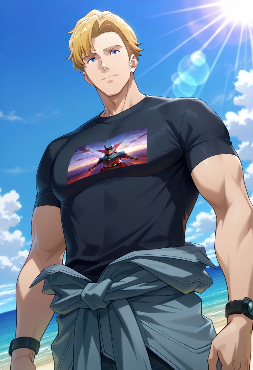 safe_pos, safe_pos, score_9, score_8_up, score_7_up, score_6_up, perfect anatomy, perfect proportions, best quality, masterpiece, high_resolution, high quality, best aesthetic, incredibly absurdres, highres, extremely detailed, huge filesize, solo male, adult, mature, masculine, manly, handsome, charming, alluring, seductive, heroic, standing, upper body, dutch angle, cowboy shot, perfect face, perfect eyes, source_anime, anime coloring, BBBSmith, Lewis Smith \(Brave Bang Bravern\), blue eyes, BBBSmith_hairstyle01, blond hair, short hair, BBBSmith_outfit04, black printed t-shirt, Special Attack Police Spargaiser t-shirt\(Bang Brave Bang Bravern\), short sleeves, grey jumpsuit around waist, undressed jumpsuit, half off jumpsuit, low angle, cinematic still, emotional, harmonious, vignette, bokeh, cinemascope, moody, epic, gorgeous, outdoor, sky, day, ocean, from front