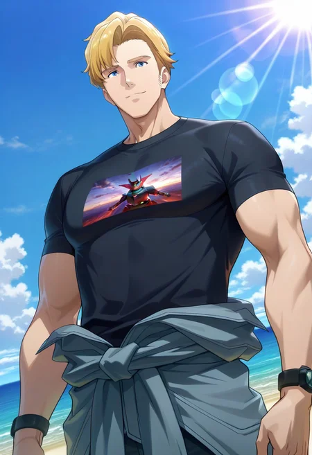 safe_pos, safe_pos, score_9, score_8_up, score_7_up, score_6_up, perfect anatomy, perfect proportions, best quality, masterpiece, high_resolution, high quality, best aesthetic, incredibly absurdres, highres, extremely detailed, huge filesize, solo male, adult, mature, masculine, manly, handsome, charming, alluring, seductive, heroic, standing, upper body, dutch angle, cowboy shot, perfect face, perfect eyes, source_anime, anime coloring, BBBSmith, Lewis Smith \(Brave Bang Bravern\), blue eyes, BBBSmith_hairstyle01, blond hair, short hair, BBBSmith_outfit04, black printed t-shirt, Special Attack Police Spargaiser t-shirt\(Bang Brave Bang Bravern\), short sleeves, grey jumpsuit around waist, undressed jumpsuit, half off jumpsuit, low angle, cinematic still, emotional, harmonious, vignette, bokeh, cinemascope, moody, epic, gorgeous, outdoor, sky, day, ocean, from front