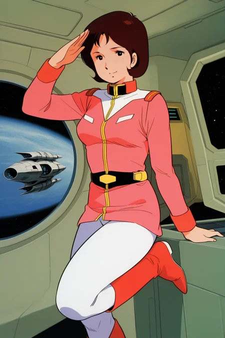 masterpiece, best quality, amazing quality, absurdres, miraiyashima79, brown hair, solo, salute, smile, looking at viewer, pink military uniform, white pants, red boots, large breasts, indoors, spacecraft, science fiction, retro artstyle