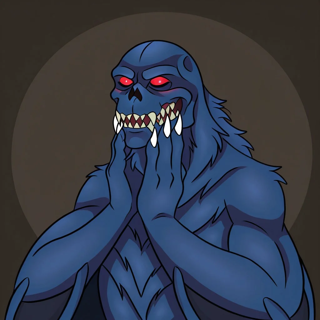 f33lsg00d, hands on own face, closed eyes, parted lips, light smile, solomon, kaiju, demonic kaiju, no humans, humanoid, skull face, monster, dark blue fur, dark blue skin, glowing red eyes, sharp teeth, humanoid arms, sharp claws, white claws, bat wings coming out of his arms, solo,