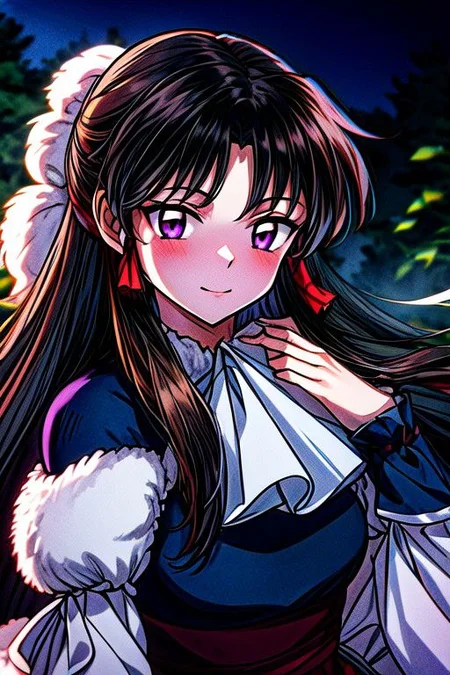 masterpiece, best quality 1girl Setsun4 solo long hair, (night time) forest background black hair very long hair purple eyes multicolored hair armor (fur trim) (medium body),<lora:EMS-179-EMS:0.800000>,<lora:EMS-293862-EMS:0.800000> bow, hair_bow, hair_tubes, red_bow, brown_hair, long_hair, bangs, sidelocks, ascot, brown_eyes, frilled_bow, yellow_ascot, blush, smile, hair_between_eyes