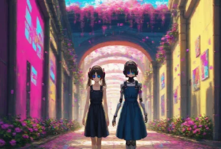 (score_9, score_8_up, score_7_up), anime, multiple_girls, walking_together, holding_hands, postcard, cyborg, sanakan, twintails, human face, porcelain_face, vr_headset covering eyes, alternate costume, futuristic, pinafore_dress, outdoors, neoclassical palace, lilly garden, surrounded by blooming flowers, ultra-detailed, smooth_texture, glossy_texture, intricate_details, foreground, background, middle_ground, [layered_composition], ar-glitch, glitch, tmnh <lora:Glitch:1> <lora:Tsutomu_Nihei_Blame_Style:1>
