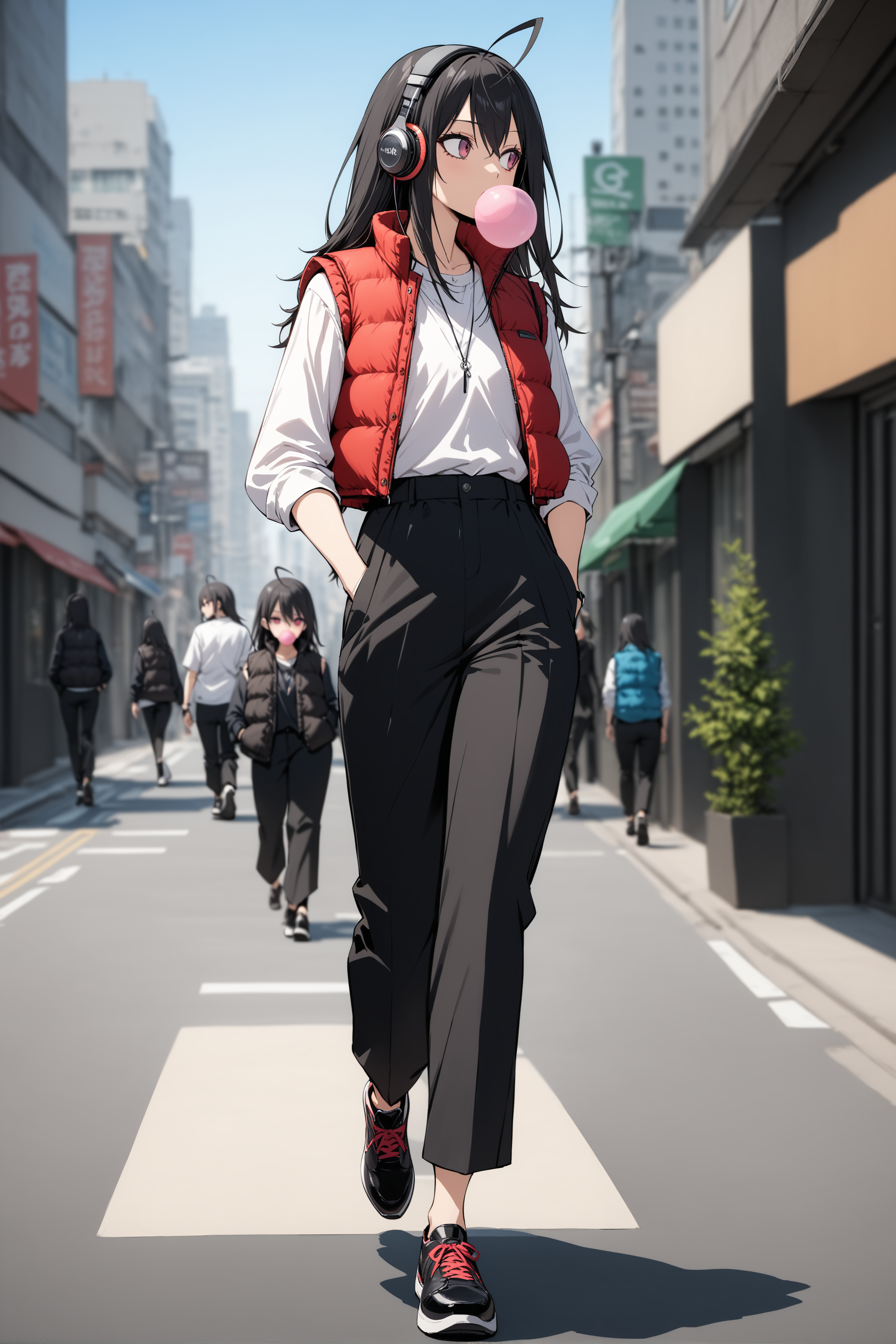 masterpiece, best quality, absurdres, 1girl, solo, full body, magazine_cover, yonagi kei, aged up, looking to the side, (hands in cloth pockets:1.1), chewing gum, flat chest, crew neck loose shirt, loose black pants, shoes, cropped_puffer_vest, open vest, day, cityscape, perspective, headphones, ahoge, gradient eyes, walking, street, blurry background, <lora:cropped_puffer_vest_v2:0.6>, <lora:Act-Age-anxl31:0.6>,