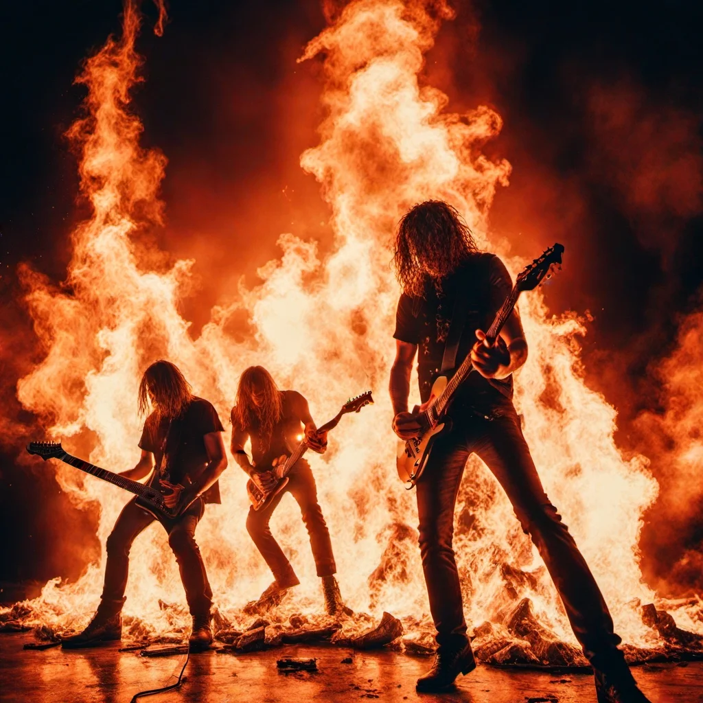 a heavy metal band on fire playing on a stage in a big inferno <lora:inferno:1> , all over, black background,