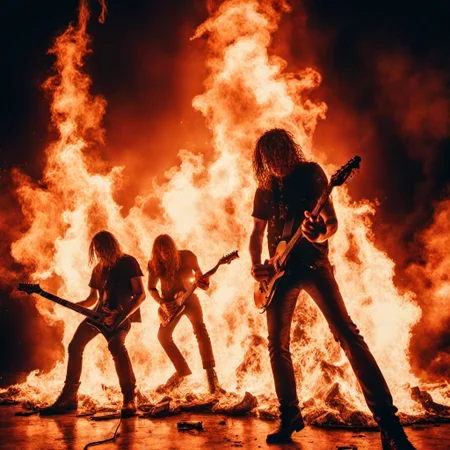 a heavy metal band on fire playing on a stage in a big inferno <lora:inferno:1> , all over, black background,