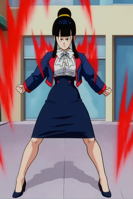 source_anime, score_9, score_8_up, score_7_up, anime screencap, absurdres, official style,
chi-chi, bangs, black hair, blunt bangs, sidelocks, hair bun, single hair bun, black eyes,
1girl, solo,outdoors, city, kaioken, red aura, aura, floating clothes, clenched hand, v-shaped eyebrows, standing spread legs, street,
broly movie, bowtie, blue jacket, open jacket, long sleeves, white shirt, dress shirt, pencil skirt, blue skirt, high-waist skirt, high heels, blue footwear,
<lora:chichi_pony_v2:0.8>