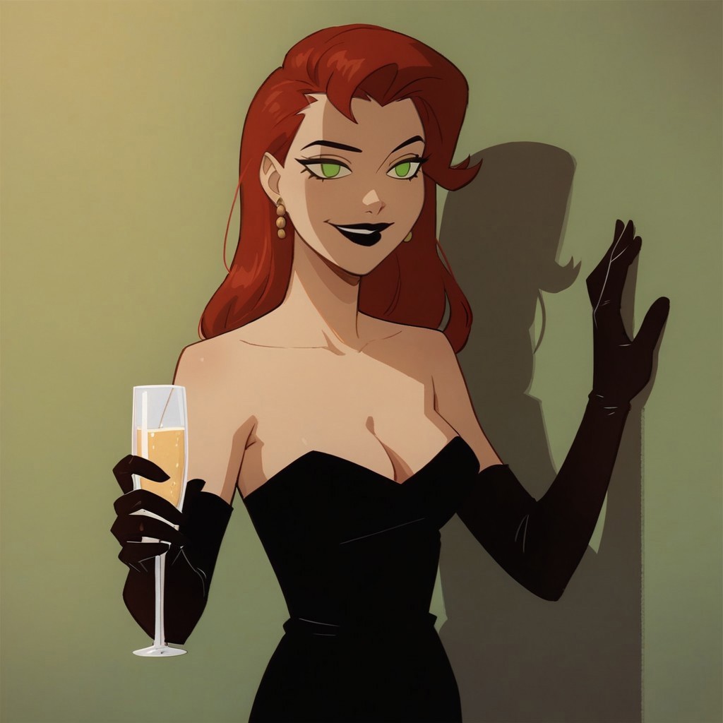 safe_pos, score_9, score_8_up, score_7_up, solo, 1girl, lipstick, red hair, long hair, green eyes, no pupils, strapless dress, black dress, black elbow gloves, looking at the side, earrings, Veronica Vreeland, leaning on wall, cleavage, cup, holding cup, smile, drinking glass