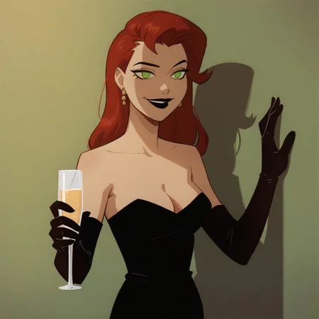 safe_pos, score_9, score_8_up, score_7_up, solo, 1girl, lipstick, red hair, long hair, green eyes, no pupils, strapless dress, black dress, black elbow gloves, looking at the side, earrings, Veronica Vreeland, leaning on wall, cleavage, cup, holding cup, smile, drinking glass