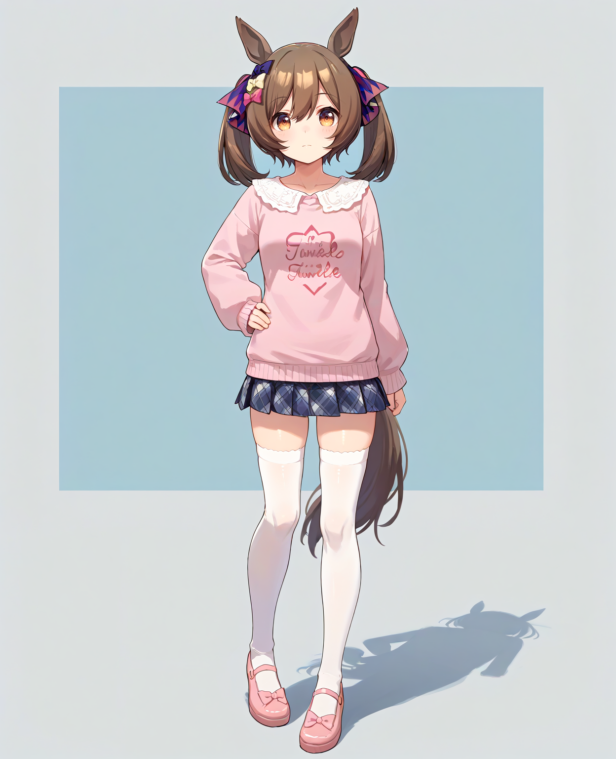 score_9, score_8_up, score_7_up, 1girl, (looking at viewer:1.2), (closed mouth:0.6), expressionless,, , simple background,, (Twirling with one hand on the hip:1.2),, (full body:1.2),
<lora:pony_smart_falcon_v1.01:0.9>, smart falcon \(umamusume\), horse ears, horse tail, medium breasts, twintails,
thighhighs, long sleeves, hair ribbon, plaid skirt, casual, pink sweater, plaid pattern hair ribbon, hairclip, pink footwear,
,