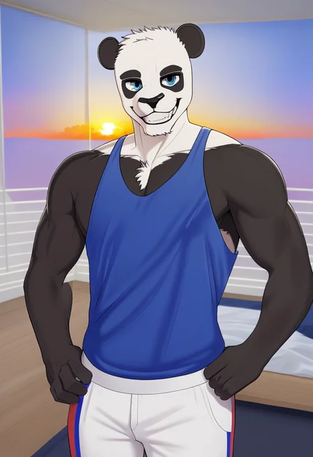 <lora:BryanLiuPXL-05:0.7>, BryanLiu, short hair, blue eyes, 1boy, solo, furry, furry male, panda, black fur, detailed background, inside, indoors, bedroom, lamp, photo, window, sunset, cloud, best quality, HD, hi res, masterpiece, unparalleled masterpiece, (soft shading), muscular male, bara, pectorals, large pectorals, white pants, blue tank top, pectoral cleavage, smile, teeth, hands on hips, (pose), (posing), lidded eyes, narrowed eyes